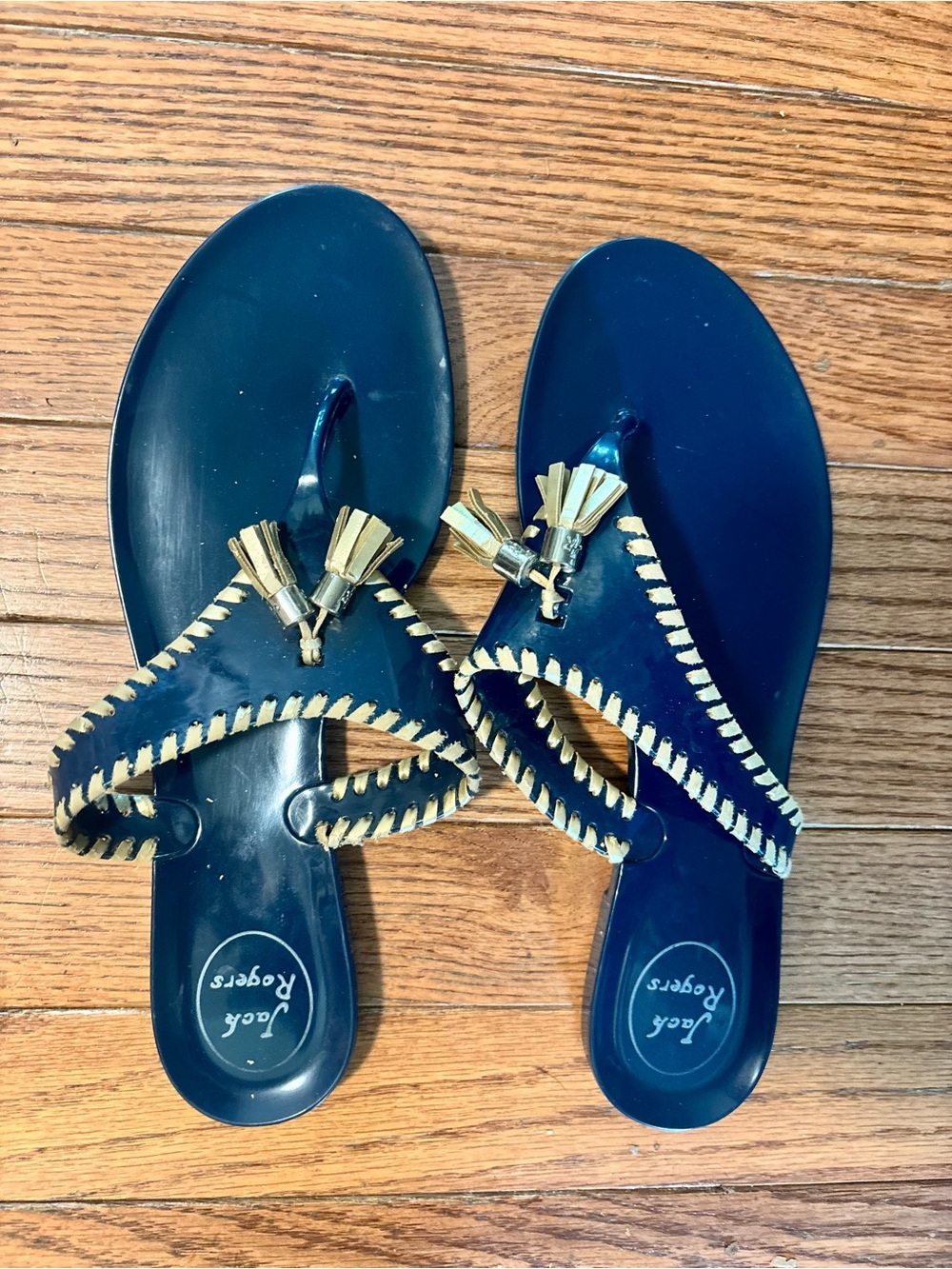 Jack Rogers 9 Jelly Flip Flops Navy Gold Tassel Sandals Resort Beach Pool Boat